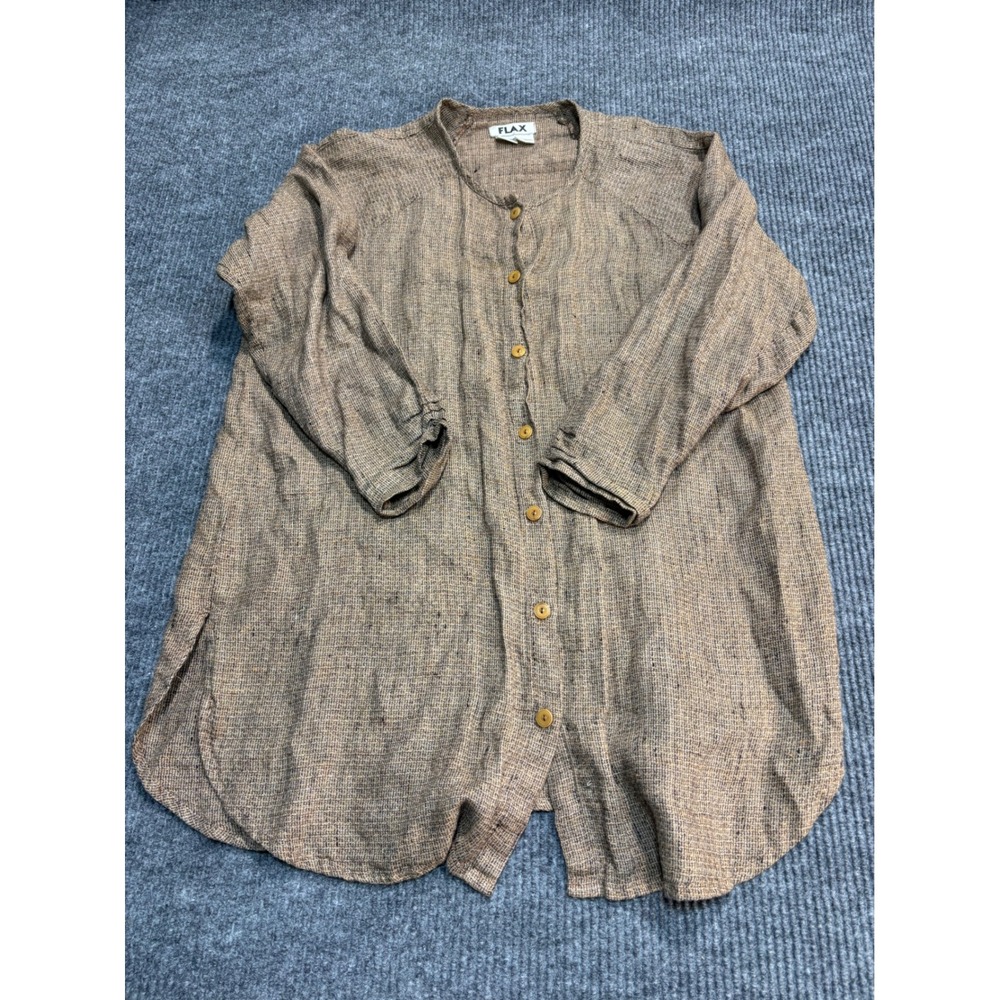 FLAX Womens Brown Linen Button Down Tunic Shirt Lagenlook Medium M Lithuani